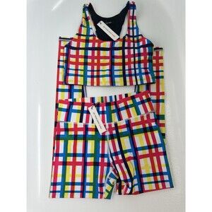 Bundle Terez Women’s Small Bright Plaid Multicolor Leggings And Sports Bra